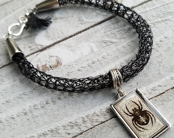 Halloween Black Widow Spider Viking Knit Charm Bracelet - Gothic Witchy Handcrafted Jewelry