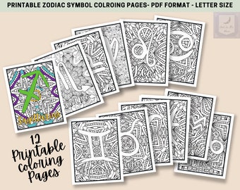 Printable Zodiac Symbol Coloring Pages - Horoscope Coloring - PDF Instant Digital Download - Relaxing Stay At Home Activities For Adults