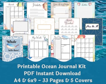 Ocean Watercolor Printable Yearly Planner Kit - Instant PDF Digital Download - Journal Covers, Nautical, Under The Sea, Refill Pages, Daily