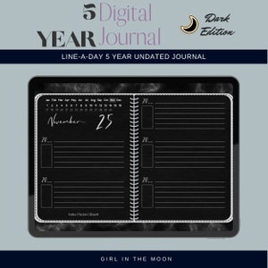 Line A Day 5 Year Undated Digital Journal | Elegant Dark Pages | Journaling, Self Care, 365 Diary | Goodnotes, ipad, Notability