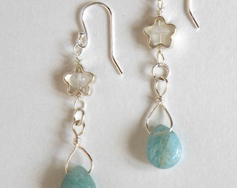 Aquamarine, Moonstone, Sterling Silver Earrings