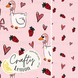 Könnte beinhalten: Ein rosa Hintergrund mit einem Muster aus Cartoon-Gänsen mit Hauben und Sonnenbrillen, roten Erdbeeren und rosa Herzen. Die Worte "Crafty Lemon" sind in einem weißen und schwarzen Design.