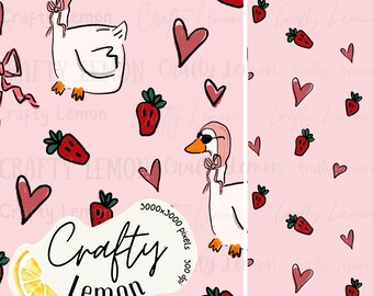 May include: A pink background with a pattern of cartoon geese wearing bonnets and sunglasses, red strawberries, and pink hearts. The words "Crafty Lemon" are in a white and black design.