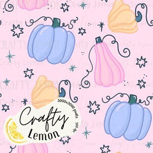 May include: A seamless pattern featuring pastel pumpkins in blue, pink, and peach, along with star and sparkle accents, set against a light pink background. The design includes the text "Crafty Lemon" in a whimsical font.