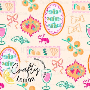 Puede incluir: Un patrón caprichoso con ilustraciones relacionadas con la comida. El diseño incluye peces, fresas, tomates, camarones y lazos de pasta en un patrón repetitivo. La paleta de colores es suave, con elementos rosas, naranjas, verdes y blancos sobre un fondo crema. También está presente el texto "Crafty Lemon".