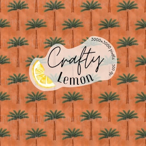 May include: A seamless pattern featuring a repeating design of palm trees on a terracotta orange background. The pattern includes a lemon slice and the text "Crafty Lemon" in a white circle.