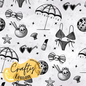 Goth Beach Summer Black and white watercolour Seamless Pattern - Digital Download, Fabric Print Design, JPEG sublimination