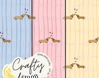 Può includere: Carta digitale con motivi ripetuti di bassotti che si baciano, con cuori sopra. Lo sfondo è diviso in tre sezioni verticali: blu, rosa e giallo, ciascuna con linee verticali. Il logo Crafty Lemon si trova in basso a sinistra.