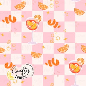 Tranche d'orange Spritz Aperol avec motif répétitif à carreaux roses et blancs pour la sublimation de tissu, conception jpeg 300 dpi à usage commercial