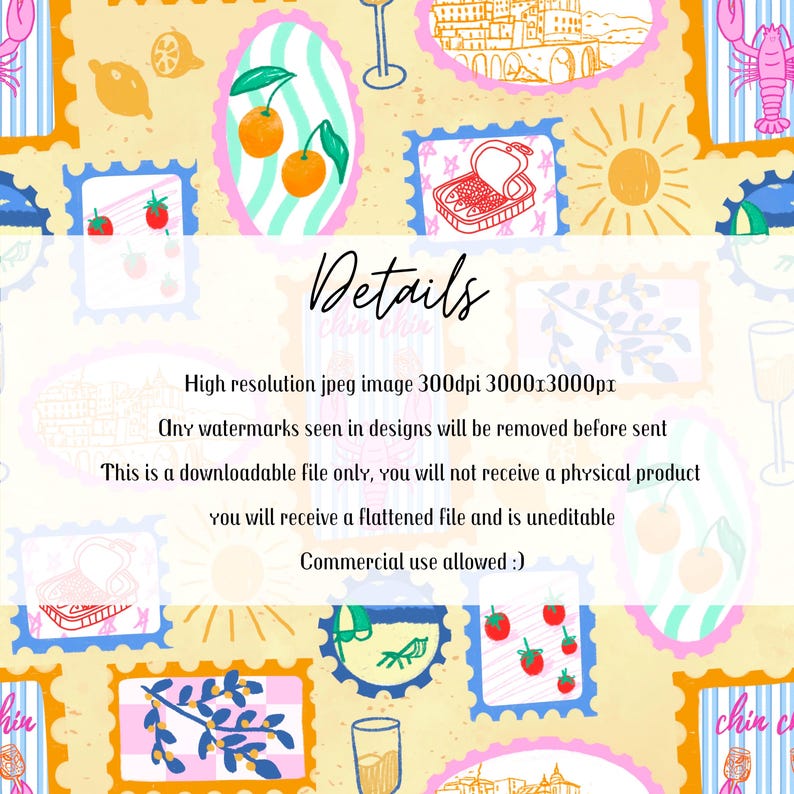 Pu&ograve; includere: Un download digitale con un motivo ripetuto di illustrazioni in stile francobollo. Il design include immagini di arance, sardine, ciliegie ed elementi architettonici, con la parola "Details" in corsivo.