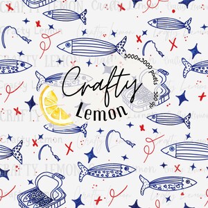 Pode incluir: Um padrão sem costura com fundo branco com detalhes azuis e vermelhos. O padrão inclui uma fatia de limão, peixes e uma lata de sardinhas. O texto "Crafty Lemon" aparece no centro do padrão.