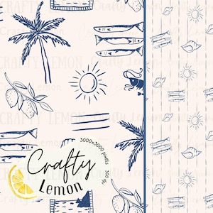 Può includere: Motivo ripetuto con disegni a tratto blu navy di palme, limoni, pesci, soli e conchiglie su sfondo crema. È presente anche il testo "Crafty Lemon". Il design evoca un tema costiero.