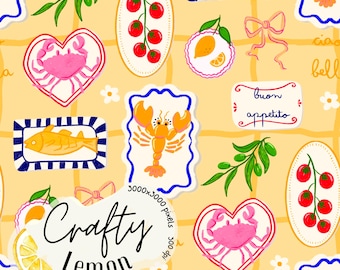 Motivo senza cuciture giallo brillante estivo italiano Amalfi - Stampa di frutti di mare e limoni stravaganti per sublimazione su tessuto - Carta transfer per scrapbooking