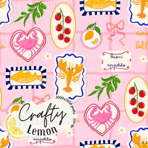 Bright Amalfi Italian Summer Pink Seamless Pattern – Whimsical Seafood & Lemon Print for Fabric Sublimation - Transfer paper scrapbooking