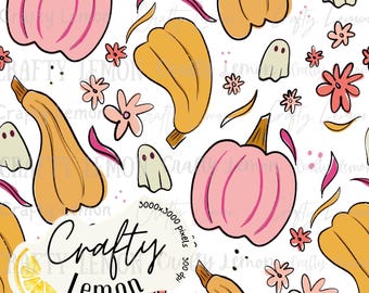 Whimsical Hand Drawn Pumpkin Ghost Seamless Design | Cute Fall Halloween Fabric & Sublimation jpeg• Fabric Printing, Digital Paper, Crafts,
