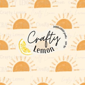 May include: A seamless pattern featuring a watercolor illustration of a yellow lemon slice and a stylized sun with orange and yellow hues. The text "Crafty Lemon" is written in black cursive lettering.