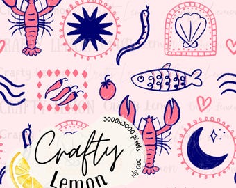 Modello senza cuciture con la vita marina italiana di Amalfi, con tenero aragosta e pesce rosa, per la stampa a sublimazione su tessuto, abbigliamento per bambini, trasferimento polimerico