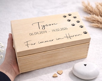 Holzkiste Erinnerungsbox - Haustier - Pfotenabdruck Hund Katze personalisiert- Andenken - Trauer - 30 x 20 x 14 - Holz -