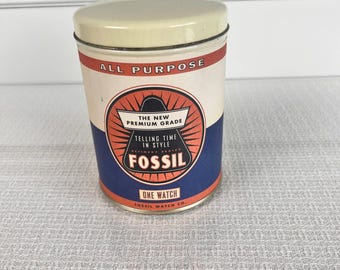 Vintage Fossil Watch Tin with Collectable Rag
