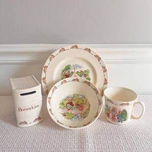 4 Pc, Vintage Royal Doulton Bunnykins Bone China Child&#39;s Set - Plate, Bowl, Cup, and Bank