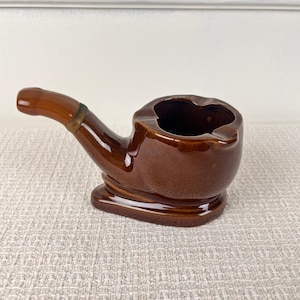 Vintage Pipe-Shaped 3 Slot Ashtray - Brown Glazed Ceramic