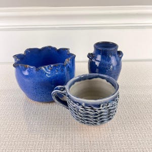 Set of 3 Handmade Blue Studio Pottery Pieces – Bowl, Vase, & Textured Tea Cup
