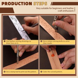 May include: A guide to leather carving, showing four stages: drawing lines, carving with a rotary knife, using a stamp tool, and coloring the pattern. The text says "Very suitable for beginners and leather craft enthusiasts."