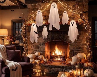 18 piezas de decoración colgante de murciélagos fantasma para Halloween, fantasmas espeluznantes de 42 cm con luces LED, decoraciones de murciélagos negros, guirnalda de luces de 10 metros para el árbol del porche