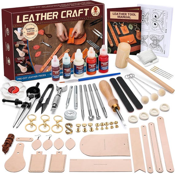 Leather Crafting Kit for Beginners, Leather Working Tools Set for Stamping Carving Sewing, DIY Leather Kit for Wallet Keychain Earrings