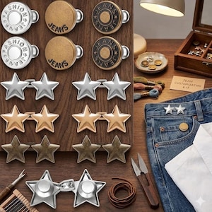 May include: A collection of metal buttons and star-shaped fasteners in silver, gold, and bronze tones. The set includes circular buttons with the text "FASHION JEANS" and "JEANS" embossed, alongside various star-shaped metal clips for garment customization.