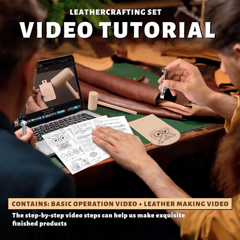 May include: A leathercrafting set with a video tutorial. The image shows a laptop displaying a leathercrafting video, along with tools and materials. The text on the image says "CONTAINS: BASIC OPERATION VIDEO + LEATHER MAKING VIDEO".