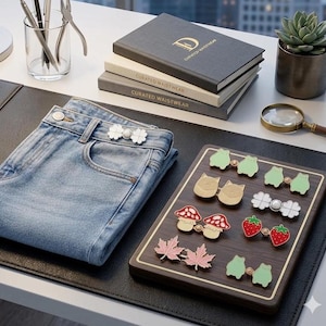 May include: A pair of light blue denim jeans with a silver-toned clover-shaped waist tightener attached. Beside the jeans is a dark wooden display board featuring several pairs of decorative metal pins shaped like frogs, cats, mushrooms, strawberries, leaves, and clovers.