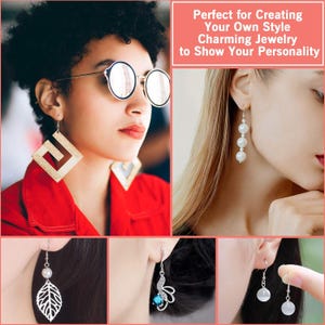 May include: A collection of earrings including large geometric wooden shapes, a triple pearl drop, a leaf-shaped charm, a silver butterfly with a blue stone, and simple round white beads, all displayed as examples of jewelry styles.