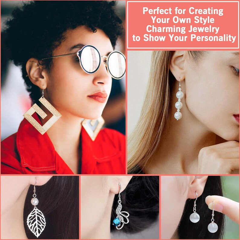 May include: A collection of earrings including large geometric wooden shapes, a triple pearl drop, a leaf-shaped charm, a silver butterfly with a blue stone, and simple round white beads, all displayed as examples of jewelry styles.