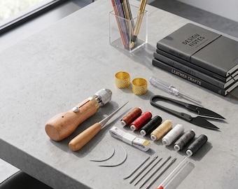 Portable Repair Kit for Leather Craft, 24PCS Leather Sewing Awl Kit, Professional Stitching Tool Set with Straight and Curved Needles