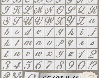 65 plantillas de letras caligráficas para pintar, plantillas de alfabeto cursivo reutilizables de 2 pulgadas.