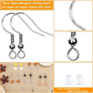 May include: A pair of silver-colored earring hooks with a coil and ball detail, stamped with S925. The text states: These Hypo-allergenic Earring Hooks are Made of Copper Plated 925 Silver. Includes clear silicone earring backs and various earrings.