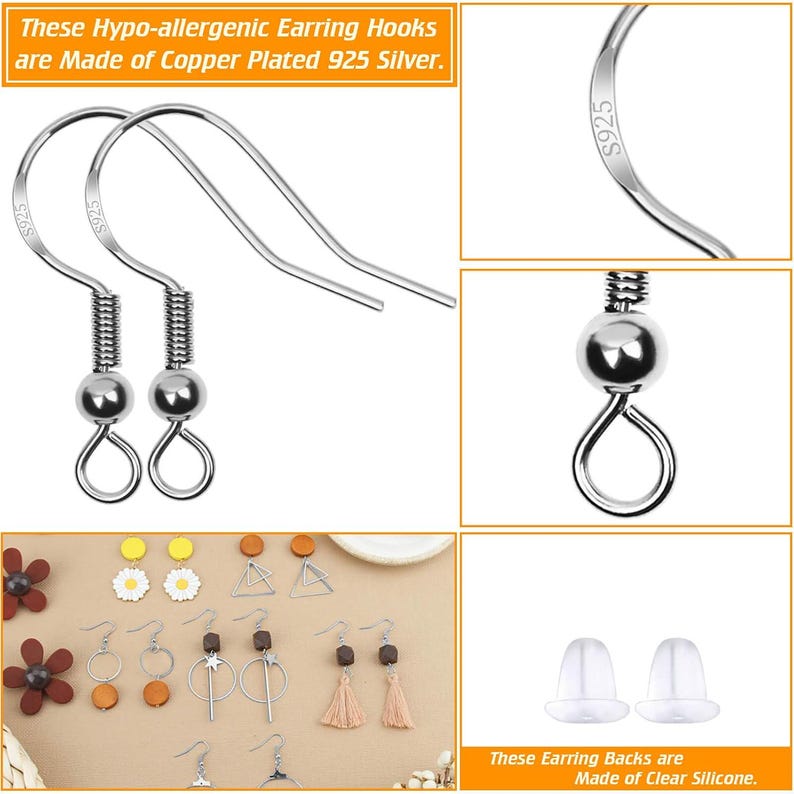 May include: A pair of silver-colored earring hooks with a coil and ball detail, stamped with S925. The text states: These Hypo-allergenic Earring Hooks are Made of Copper Plated 925 Silver. Includes clear silicone earring backs and various earrings.