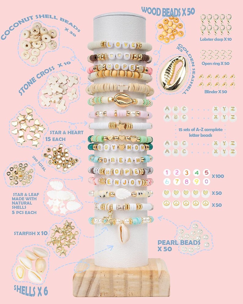 Puede incluir: Un kit para hacer joyas que incluye un expositor vertical con varias pulseras de cuentas de colores. El kit contiene varios componentes como cuentas de c&aacute;scara de coco, cruces de piedra, conchas doradas, cuentas de letras, n&uacute;meros y dijes de metal.