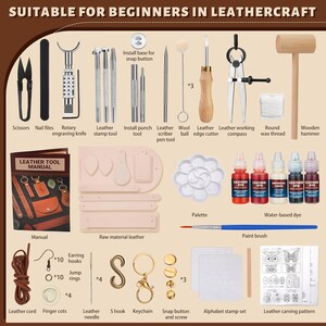 May include: A leathercraft starter kit with tools such as scissors, a rotary engraving knife, leather stamp tools, and a wooden hammer. Includes raw leather, dyes, a manual, and hardware for crafting projects. Ideal for beginners.