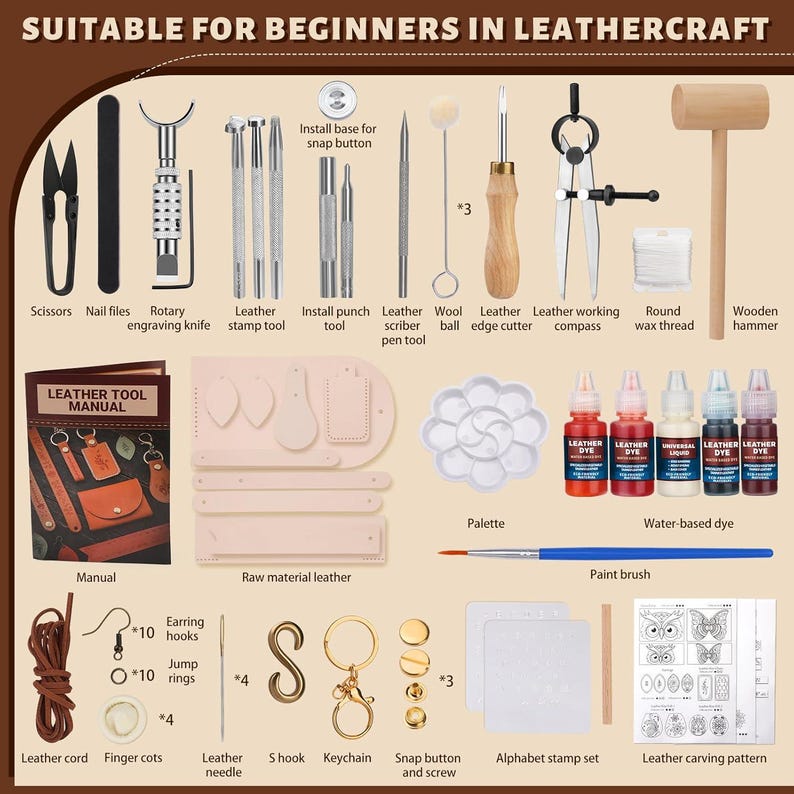 May include: A leathercraft starter kit with tools such as scissors, a rotary engraving knife, leather stamp tools, and a wooden hammer. Includes raw leather, dyes, a manual, and hardware for crafting projects. Ideal for beginners.