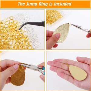 May include: A collection of gold and silver jump rings with a gold teardrop-shaped earring component. The text The Jump Ring is Included is displayed. Pliers are shown attaching a jump ring to the textured gold earring piece.