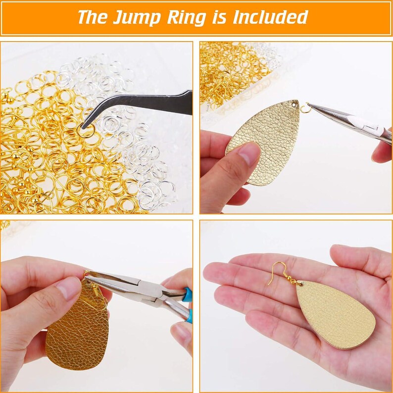 May include: A collection of gold and silver jump rings with a gold teardrop-shaped earring component. The text The Jump Ring is Included is displayed. Pliers are shown attaching a jump ring to the textured gold earring piece.