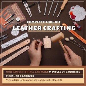 May include: A leather crafting kit with tools like a mallet, punches, and cutting implements. The image displays leather straps with floral patterns and the text "LEATHER CRAFTING". Suitable for beginners, the kit includes all the necessary tools.