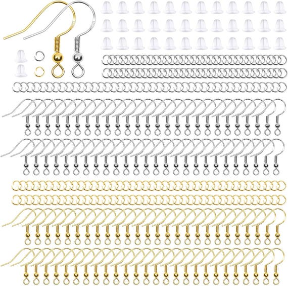600Pcs Earring Making Kit, 925 Silver-Plated Copper Hooks, Jump Rings & Earring Backs, Hypoallergenic Jewelry Making Supplies, Gold  Silver