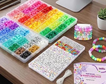 4000pcs Kandi Pony Beads Kit 24 Colors Rainbow and Letter Beads 2400+1600 Bulk Bracelet Jewelry Making Set with Elastic and Crystal String