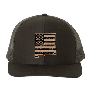 May include: A black and brown trucker hat with a distressed American flag design in the shape of the state of New Mexico.