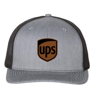 May include: A gray and black trucker hat with a brown UPS logo on the front.