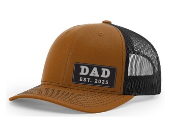 Dad Est 2025 Hat, New Dad Leather Patch Trucker Hat, Baby Announcement Cap, Father’s Day Gift for Him