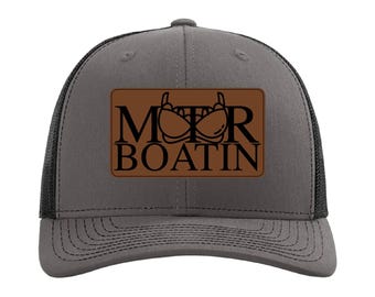 Motor Boatin Hat, Funny Richardson 112 Trucker Hat, Leather Patch Cap, Adjustable Humor Hat, Gag Gift, Richardson hat